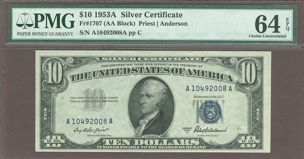 Fr.1707, 1953A $10 Silver Certificate, A-A Block, PMG64-EPQ